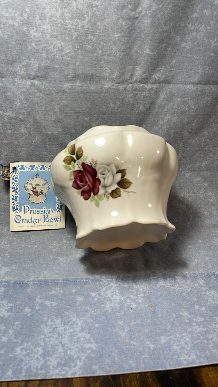 House of Webster Prussian Cracker Bowl Ceramic Red White Rose Jar